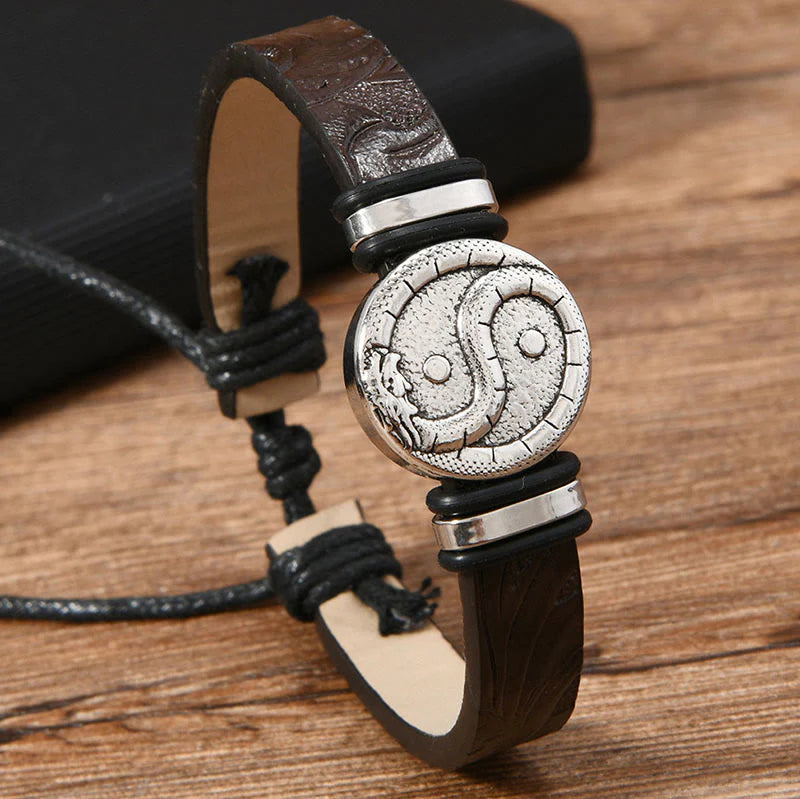 Buddha Stones Round Engraved YIN YANG Dragon Leather Balance Bracelet