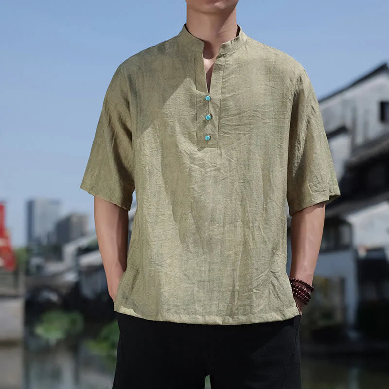 Buddha Stones Summer Dai Ethnic Short Sleeve Men's Notched Collar Button T-Shirt