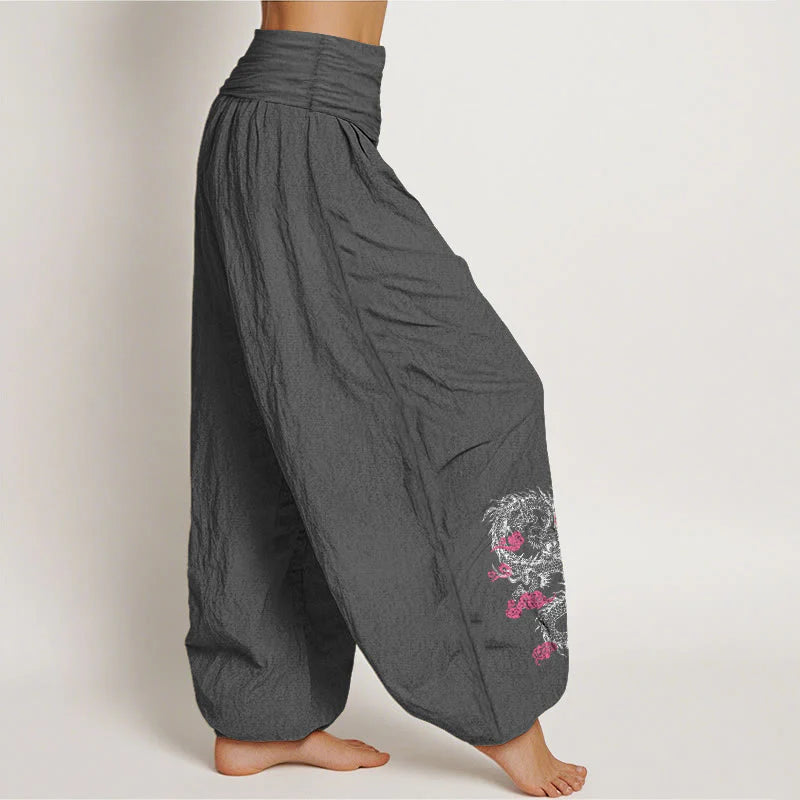 Buddha Stones Dragon Auspicious Clouds Flower Pattern Women's Elastic Waist Harem Cotton Pants