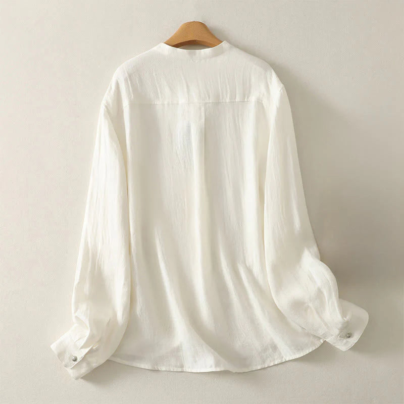 Buddha Stones Spring Plain V-Neck Long Sleeve Women's Cotton Shirt