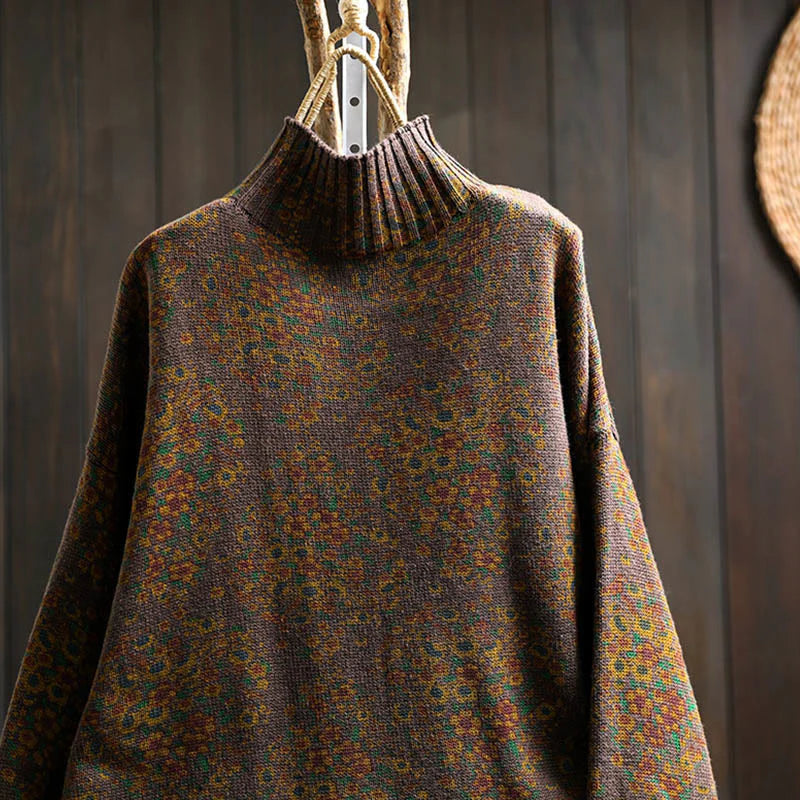 Buddha Stones Women's Knitted Floral Cotton Ribbed Hem Long Sleeve Mock Neck Sweater