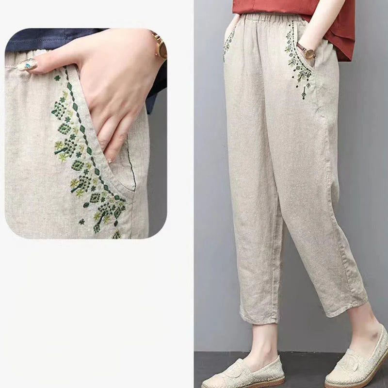 Buddha Stones Vintage Embroidery Elastic Waist Capri Harem Pants With Pockets