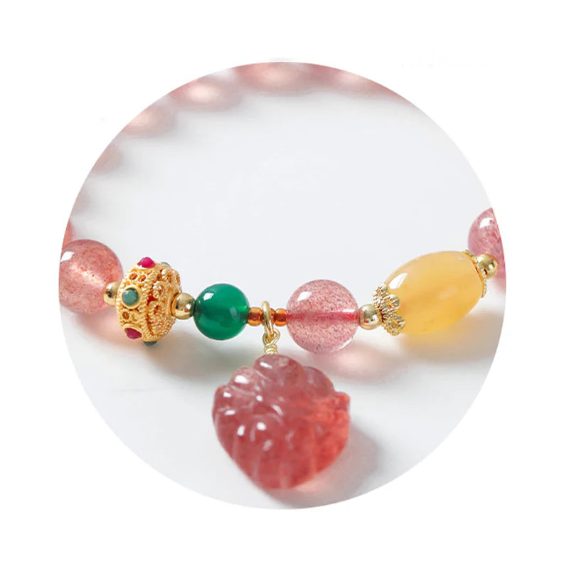 Buddha Stones Natural Strawberry Quartz Nine Tailed Fox Healing Bracelet
