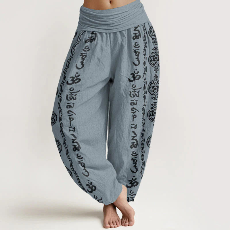 Buddha Stones Pure Cotton Mandala Om Mani Padme Hum Women's Elastic Waist Harem Pants