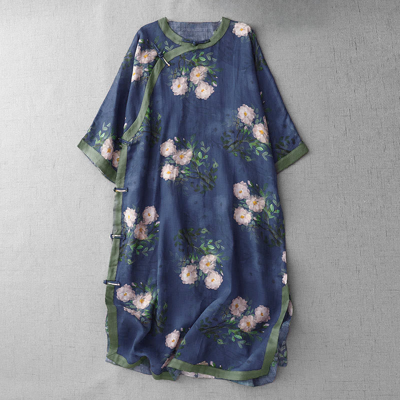 Buddha Stones Frog-Button Orchid Pomegranate Flowers Pattern Side Slit Design Half Sleeve Midi Dress
