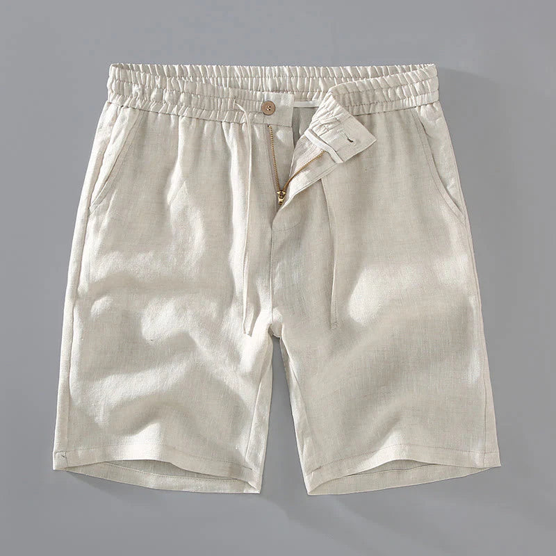 Buddha Stones Summer Solid Color Drawstring Button Design Men's Linen Shorts With Pockets