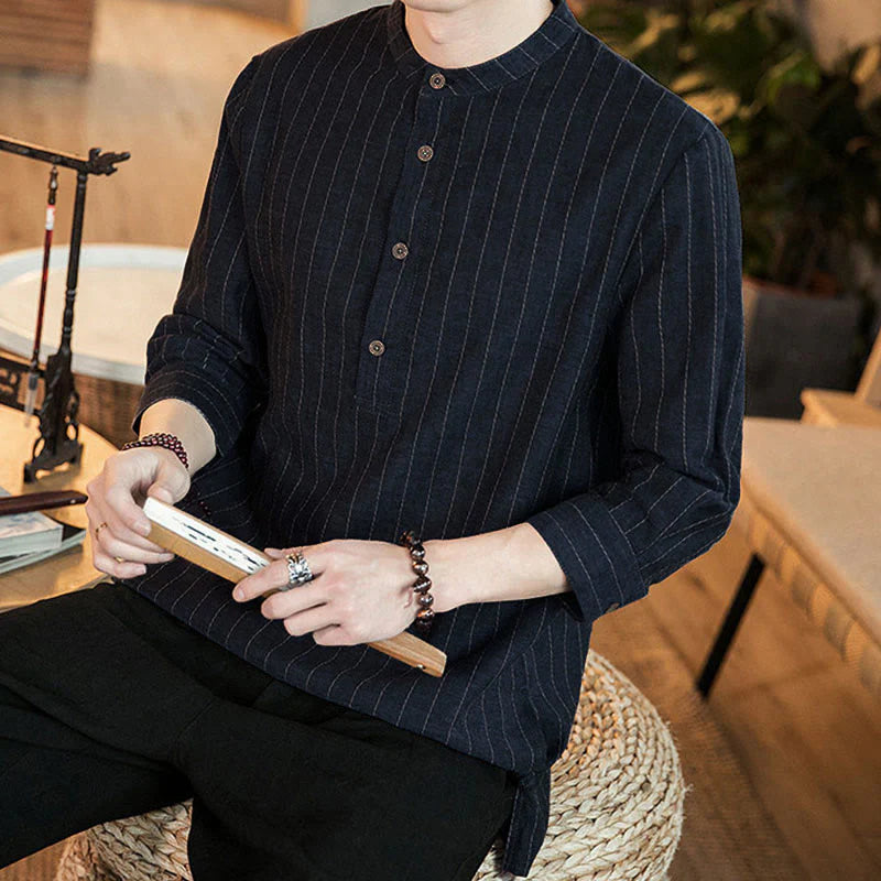 Buddha Stones Plaid Half Buttons Stand Collar Three Quarter Sleeve Cotton Men's Shirt