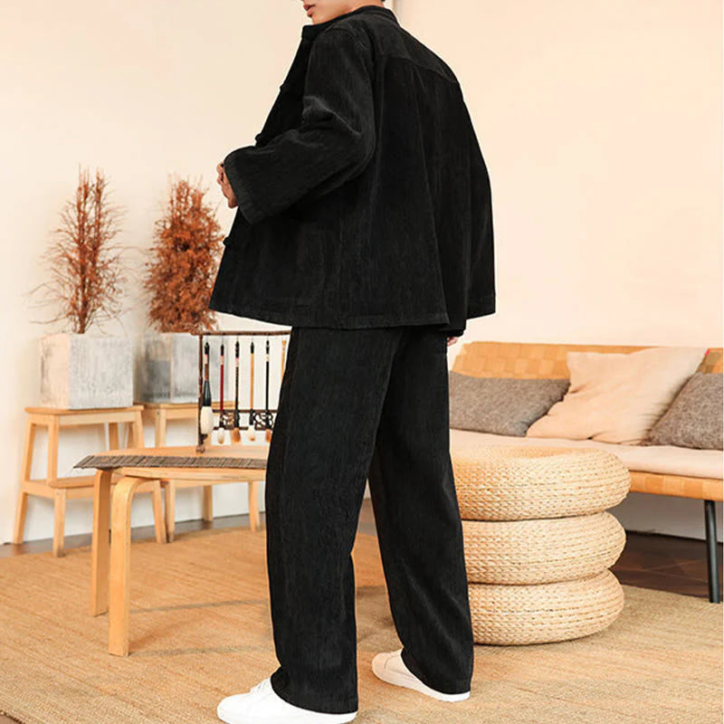 Buddha Stones 2Pcs Winter Thick Men's Tang Suit Frog-Button Cotton Corduroy Long Sleeve Jacket Pants Set With Pockets