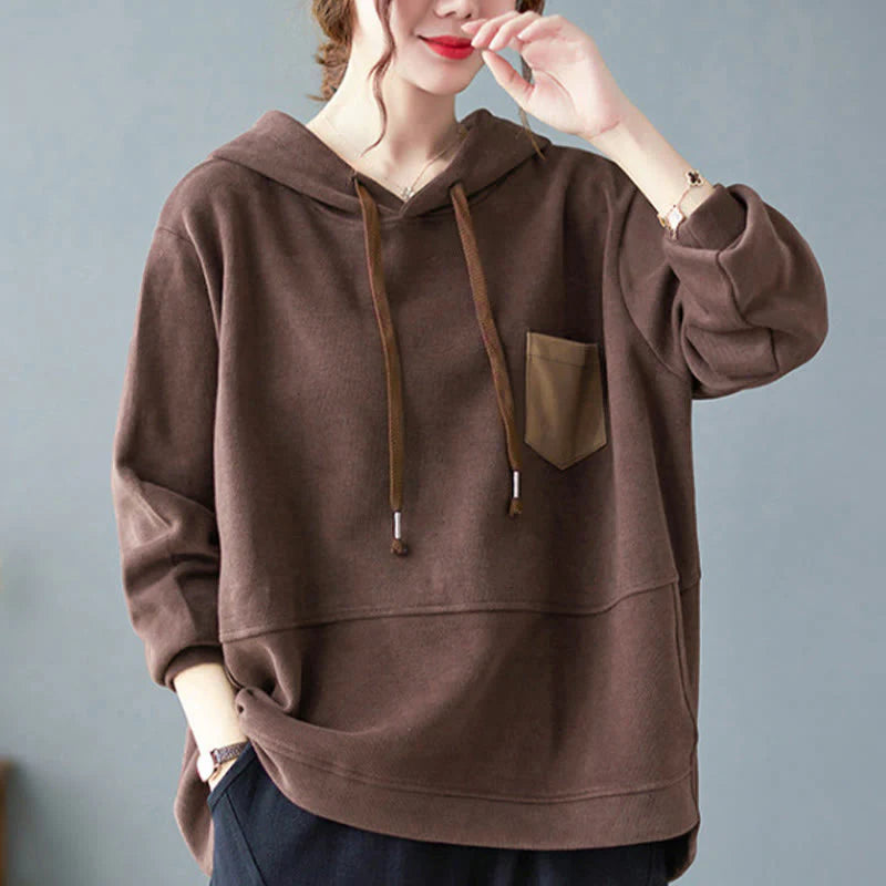Buddha Stones Fall Solid Color Decorative Pocket Cotton Long Sleeve Women's Hoodie