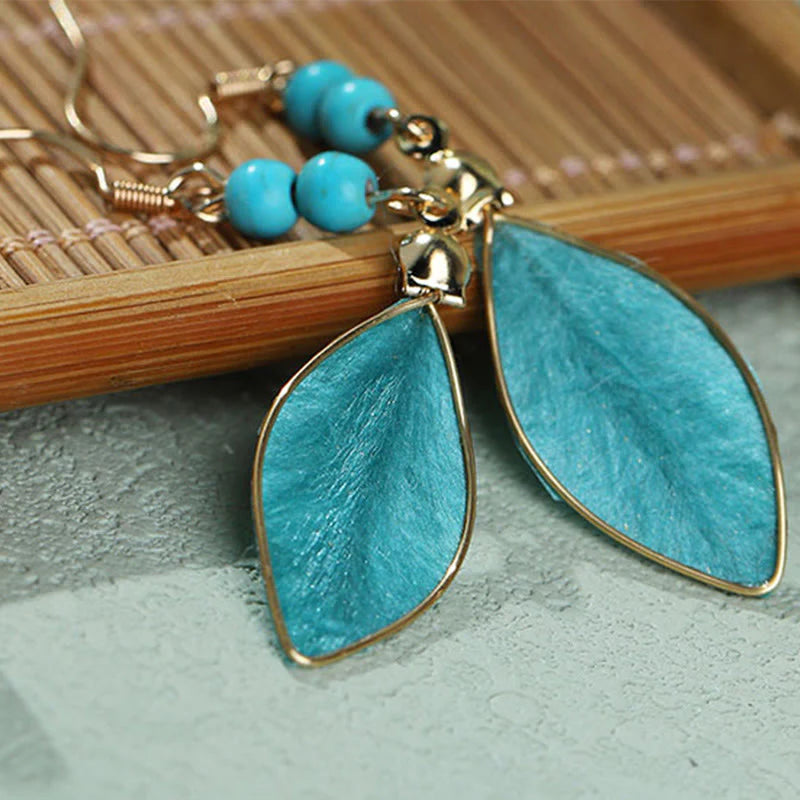 Buddha Stones Boho Handcrafted Silk Art Bead Leave Shape Good Fortune Hook Dangle Earrings
