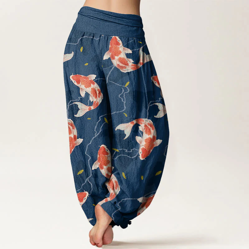 Buddha Stones Cotton Red White Koi Fish Pattern Design Women's Elastic Waist Harem Pants
