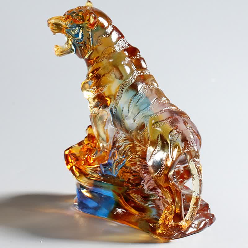 Buddha Stones Handmade Liuli Crystal Tiger Art Piece Protection Home Decoration