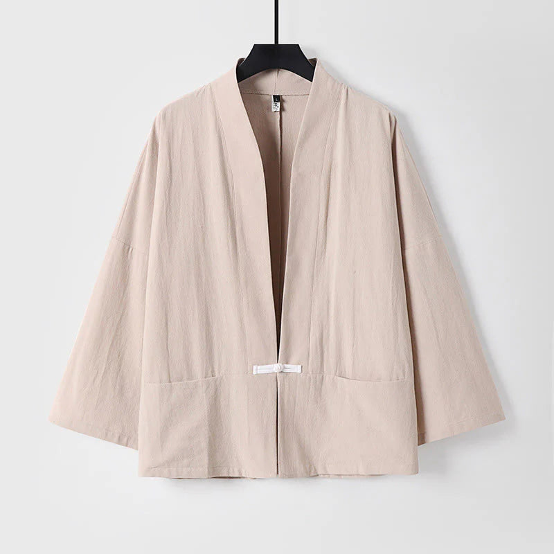 Buddha Stones Long Sleeve Buttons Design Men's Open Front Cotton Linen Jacket Kimono With Pockets