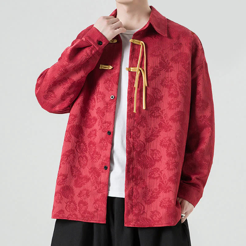 Buddha Stones Frog-Button Leaves Pattern Long Sleeve Men's Tang Suit Jacket