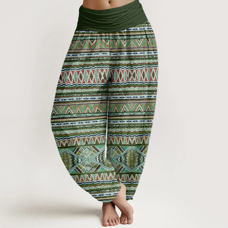 Buddha Stones Cotton Casual Tribal Style Geometric Pattern Women's Elastic Waist Harem Pants