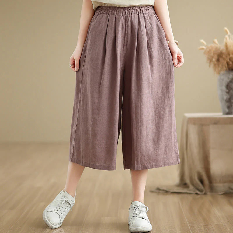 Buddha Stones Summer Solid Color Patchwork Simple Design Women's Cotton Wide Leg Cropped Pants With Pockets