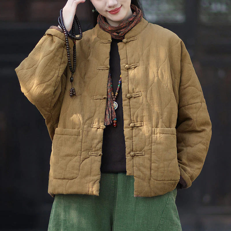 Buddha Stones Winter Curved Lines Frog-Button Ramie Cotton Long Sleeve Women's Thermal Jacket With Pockets