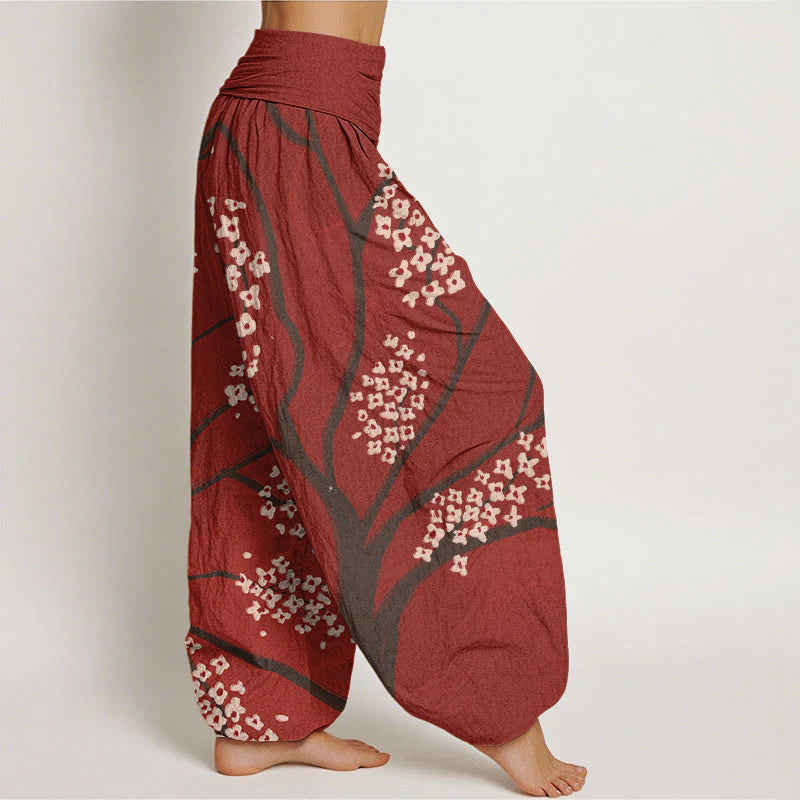Buddha Stones Cotton Casual Plum Blossom Branch Pattern Women's Elastic Waist Harem Pants