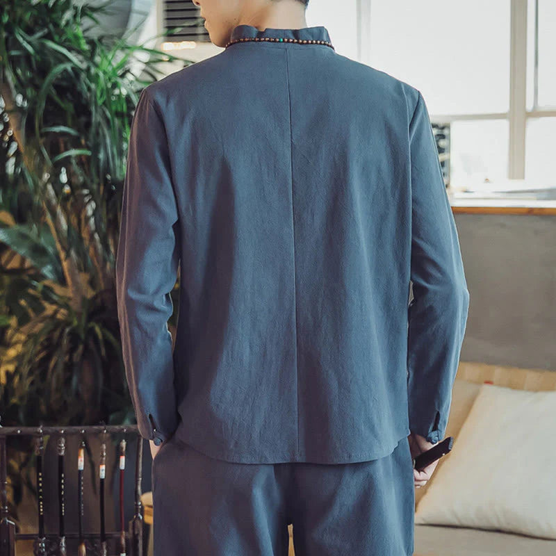 Buddha Stones 2Pcs Shirt Ankle-Length Pants With Pockets Men's Meditation Cloth Set