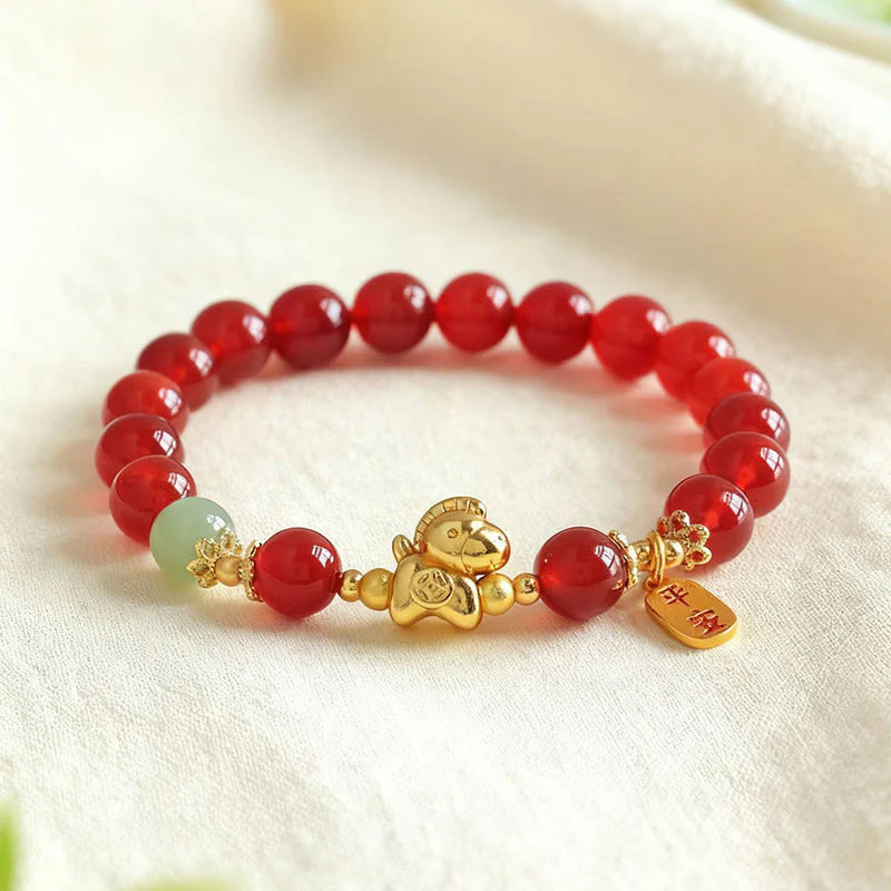 Buddha Stones Year Of The Horse Hetian Jade Black Obsidian Red Agate Strength Bracelet