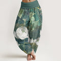 Buddha Stones Cotton White Lotus Leaves Pattern Casual Women's Elastic Waist Harem Pants