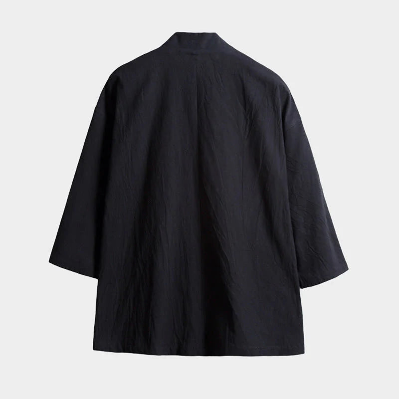 Buddha Stones Solid Color Lace-up Three Quarter Sleeve Open Front Jacket Men's Kimono