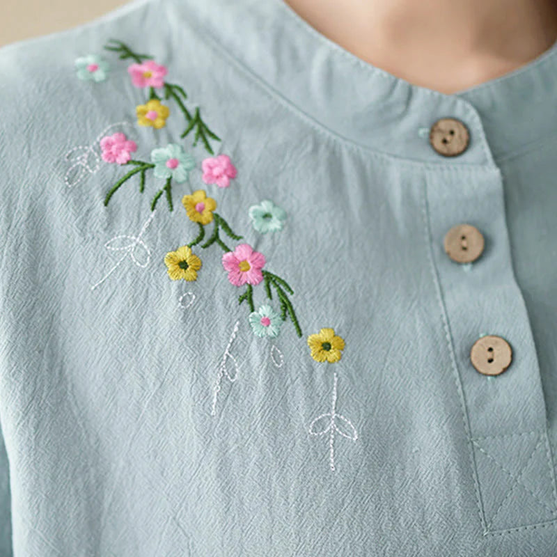 Buddha Stones Women's Spring Embroidered Flower Pattern Stand Collar Long Sleeve Cotton Shirt