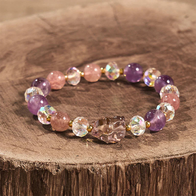 Buddha Stones Amethyst Strawberry Quartz White Crystal Nine Tailed Fox Meditation Bracelet