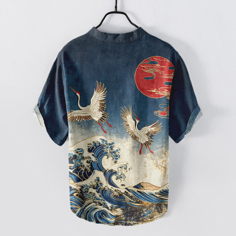 Buddha Stones Cotton Crane Wave Sun Pattern Men's Short Sleeve Half Button Shirt