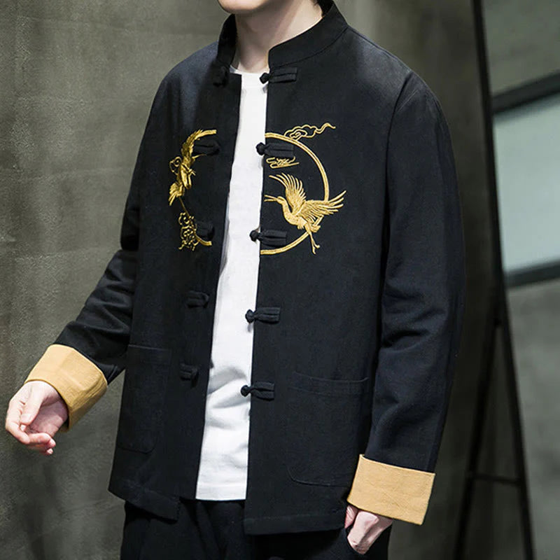Buddha Stones Embroidery Cranes Pattern Frog-Button Men's Cotton Long Sleeve Jacket With Pockets