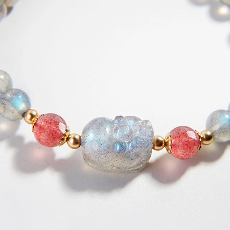 Buddha Stones Moonstone Strawberry Quartz PiXiu Healing Bracelet