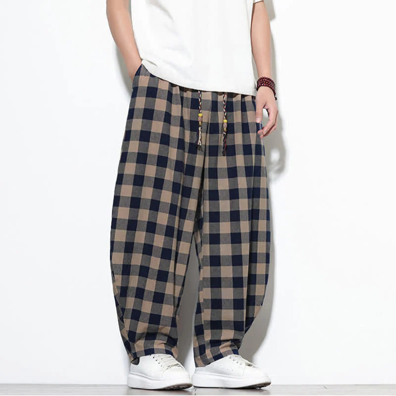 Buddha Stones Summer Plaid Pattern High Waist Drawstring Men's Harem Pants With Pockets
