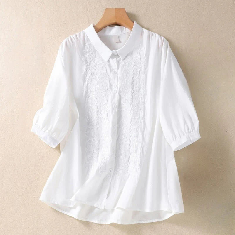 Buddha Stones Summer Plain Button Embroidery Flower Pattern Three Quarter Sleeve Lapel Cotton Linen Women's Shirt