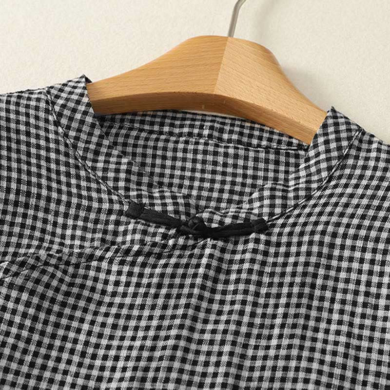 Buddha Stones Summer Crew Neck Frog-Button Short Sleeve Plaid Women's Cotton Shirt