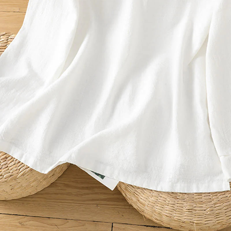Buddha Stones Spring Solid Color Simple Hem Slit Design Cotton Linen Women's Shirt
