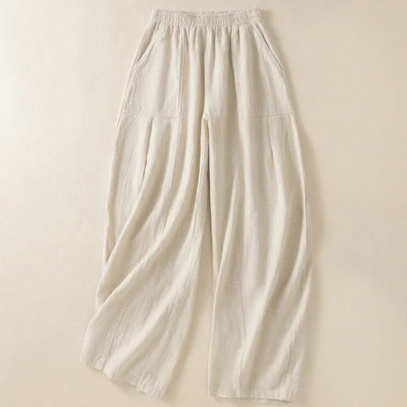 Buddha Stones Plain Simple Design High Waist Women's Cotton Linen Harem Pants With Pockets