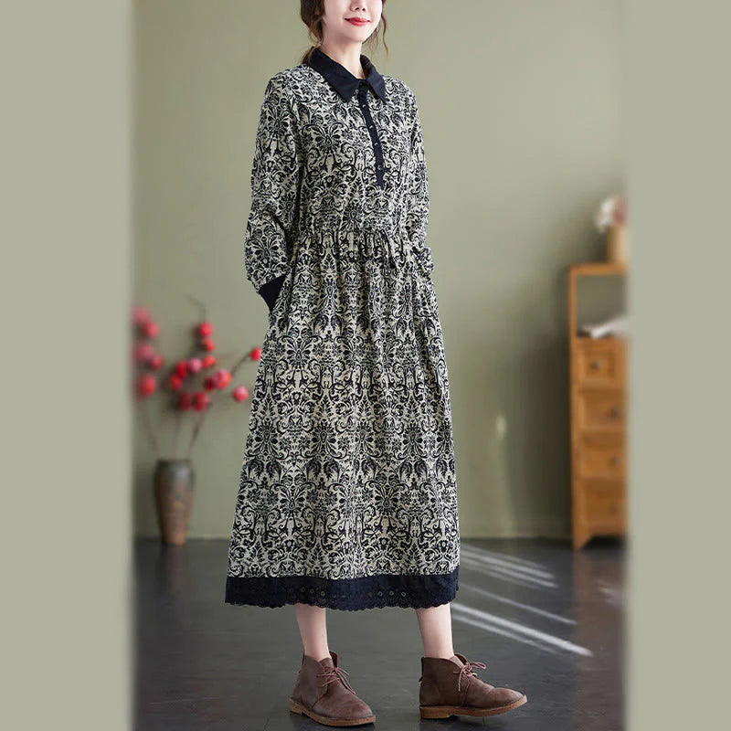 Buddha Stones Ethnic Printed Drawstring Long Sleeve Cotton Midi Dress With Pockets