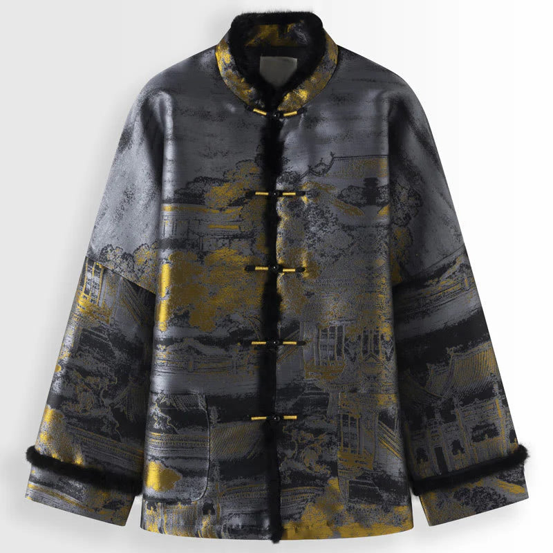 Buddha Stones Ancient Buildings Trees Frog-Button Long Sleeve Men's Jacket With Pockets