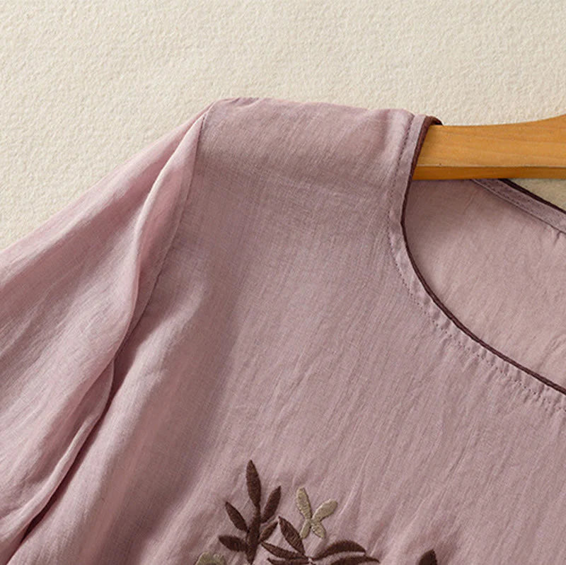 Buddha Stones Retro Embroidery Floral Three Quarter Sleeve Women's Cotton T-Shirt