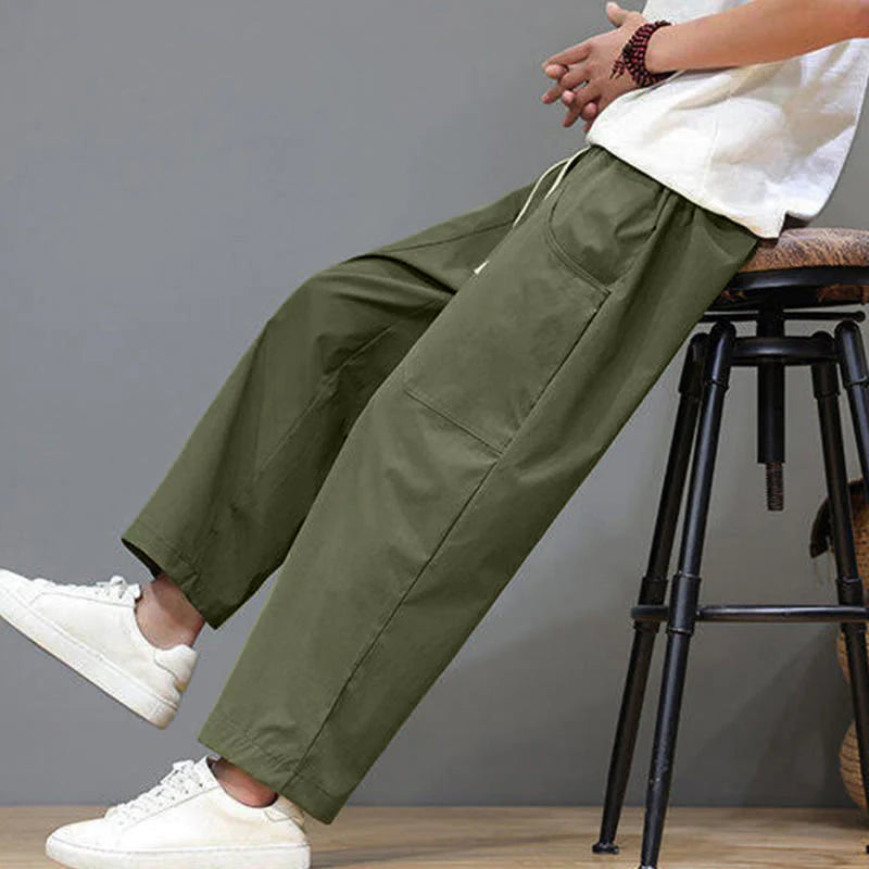 Buddha Stones Summer Solid Color Drawstring Straight Leg 7-8 Length Men's Pants With Pockets