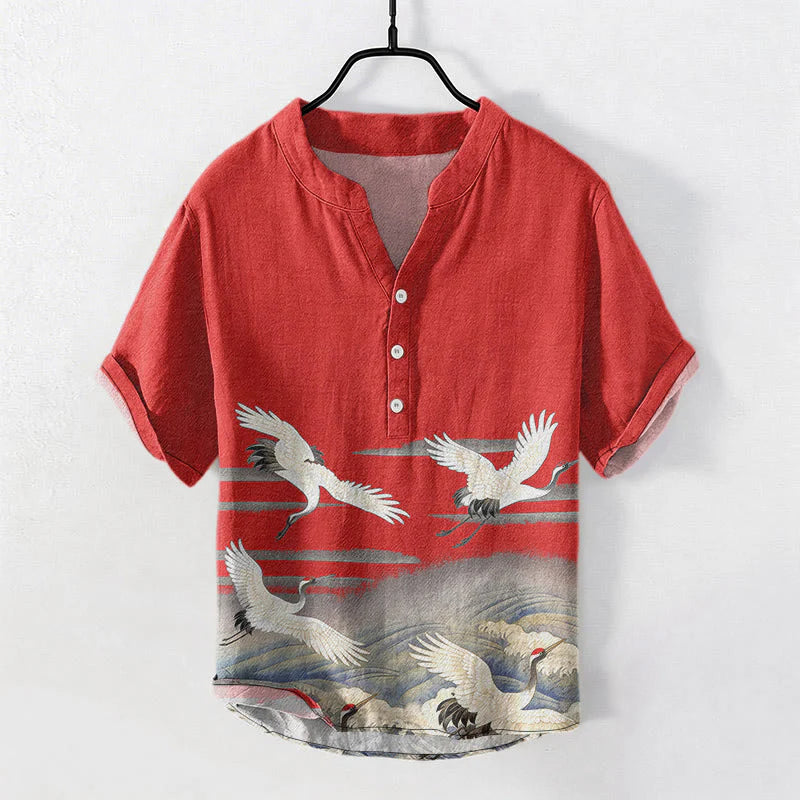 Buddha Stones Cotton Crane Waves Pattern Men's Short Sleeve Half Button Shirt