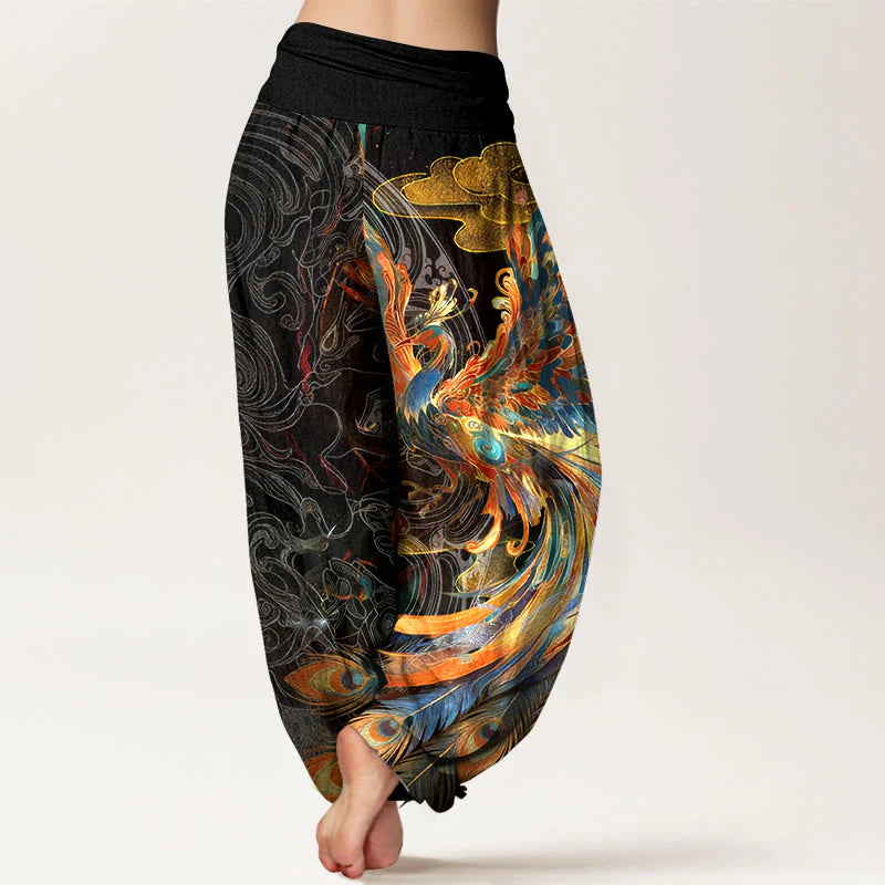 Buddha Stones Pure Cotton Gorgeous Flying Phoenix Cloud Pattern Women's Elastic Waist Harem Pants
