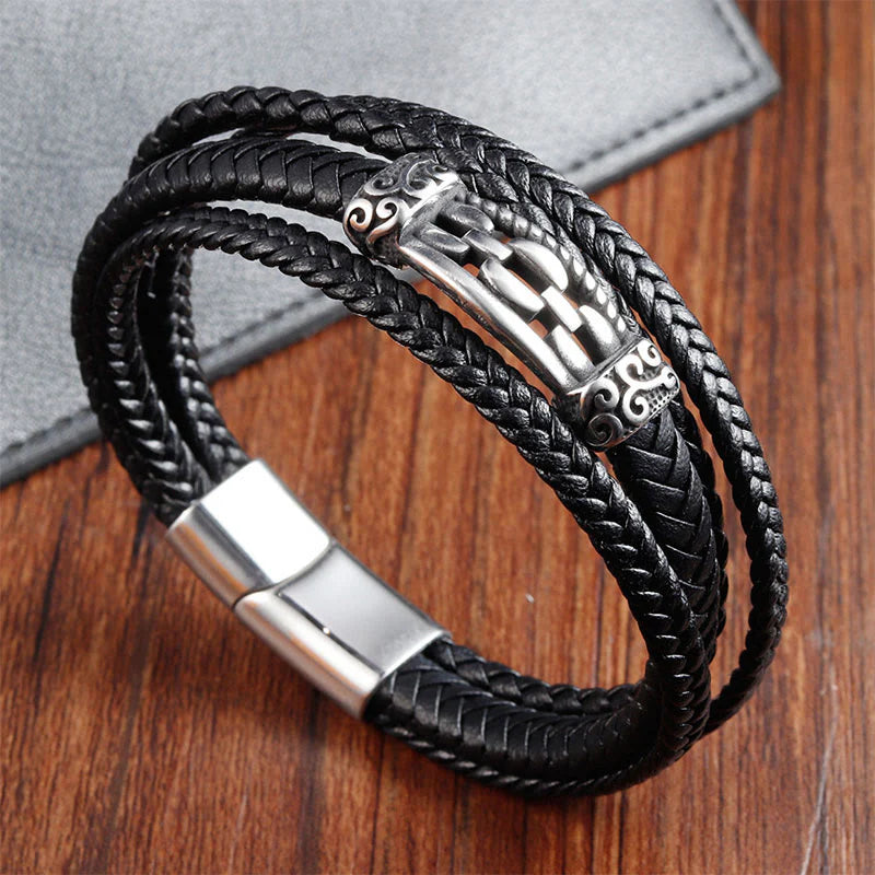 Buddha Stones Chain Link Design Titanium Steel Multi-layer Leather Balance Braided Bracelet