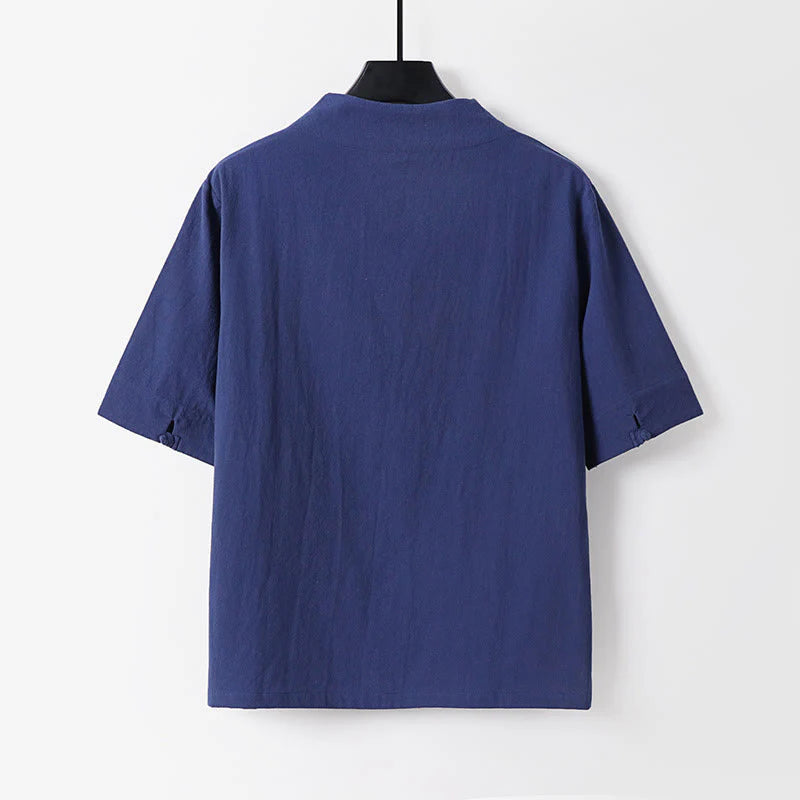 Buddha Stones 2Pcs V-Neck Cotton Half Sleeve Shirt Pants With Pockets Men's Meditation Cloth Set