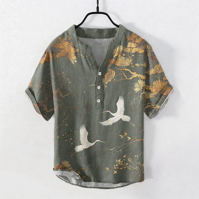 Buddha Stones Cotton Pine Tree White Crane Pattern Men's Short Sleeve Half Button Shirt