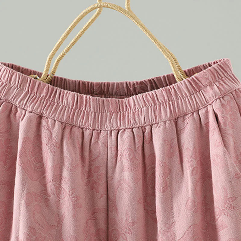 Buddha Stones Jacquard Cotton-padded Women's Wide Leg Thermal Ankle-Length Pants With Pockets