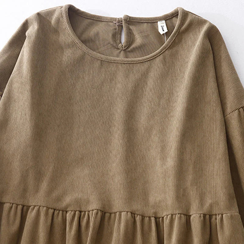 Buddha Stones Tan Solid Color Corduroy Puff Long Sleeve Midi Dress