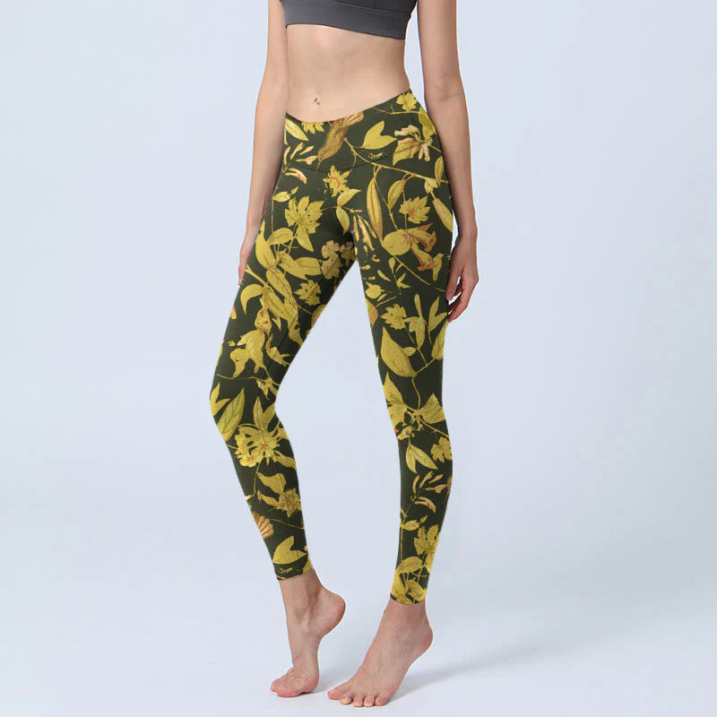 Buddha Stones Luxurious Flower Leaf Bird Pattern Print Gym Leggings Women's Yoga Pants