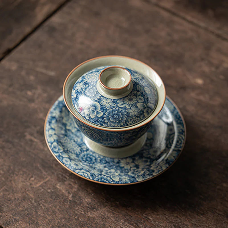 Buddha Stones Vintage Blue And White Porcelain Peach Blossom Lotus Peony Ceramic Gaiwan Sancai Teacup Kung Fu Tea Cup And Saucer With Lid