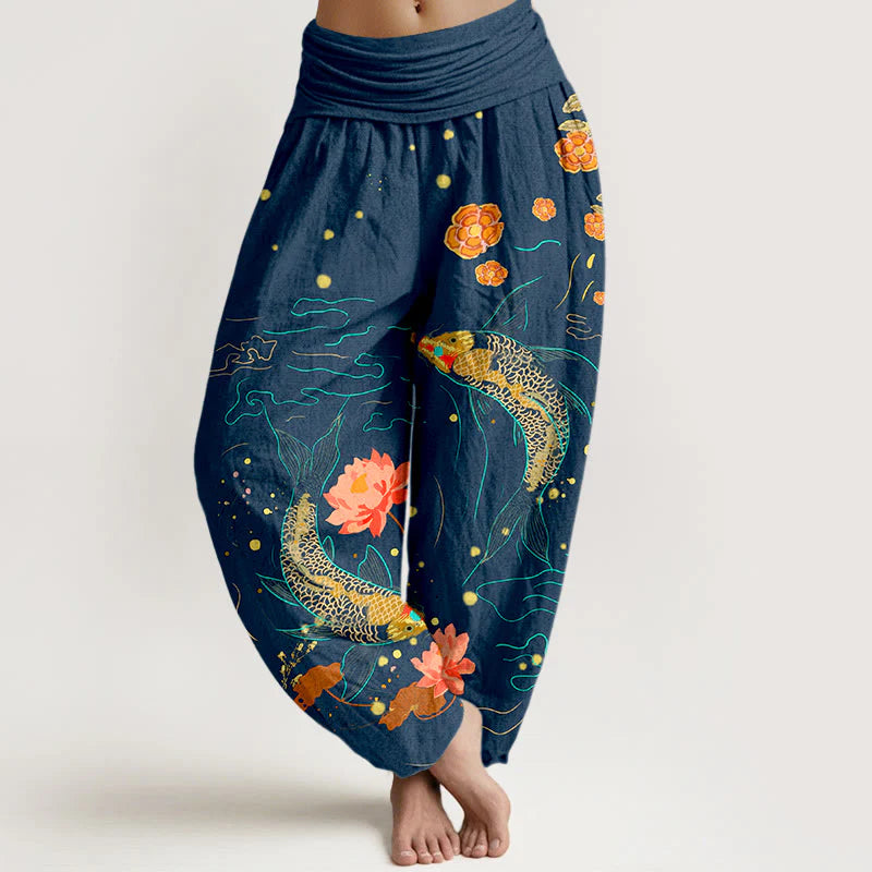 Buddha Stones Koi Fish Lotus Pattern Women's Elastic Waist Harem Pure Cotton Printed Pants
